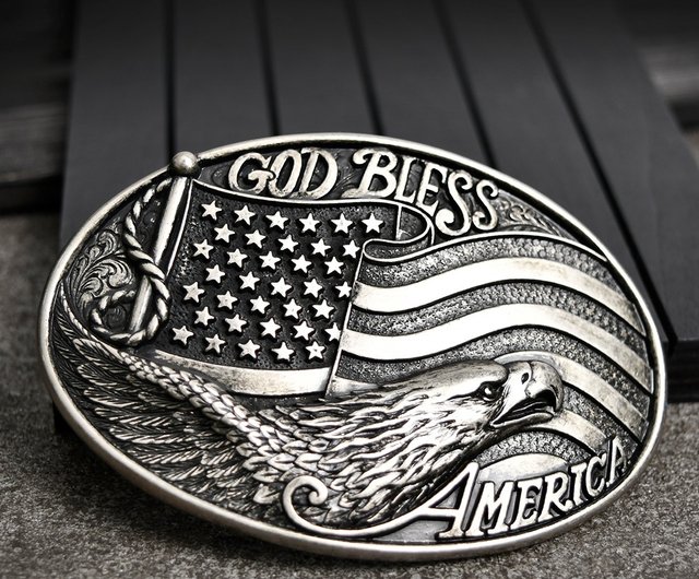 MF-37024 Belt Buckle Oval Eagle with American Flag Antiqued Brass 3-1/4  High x