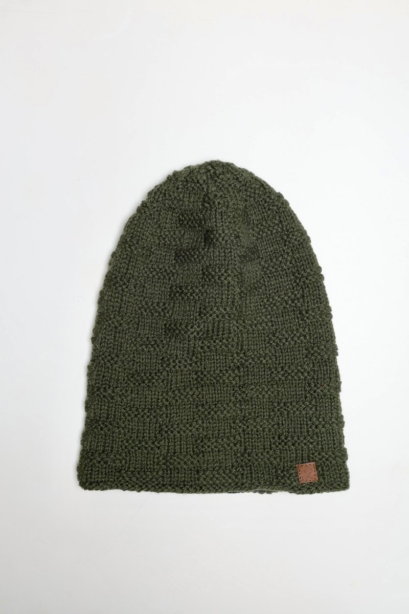 /精品/軍綠格紋堆堆帽冷帽細軟美麗諾羊毛帽純羊毛線手工編織半襯 - 帽子 - 羊毛 綠色