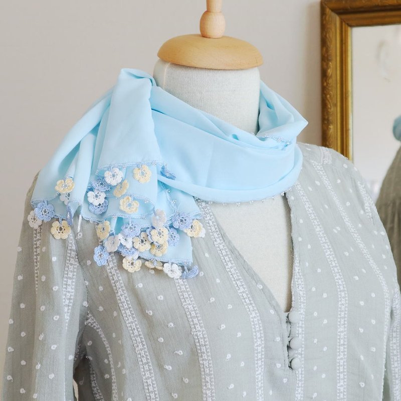 OYA crochet chiffon shawl【MARY】Baby Blue - ผ้าพันคอ - ไฟเบอร์อื่นๆ สีน้ำเงิน