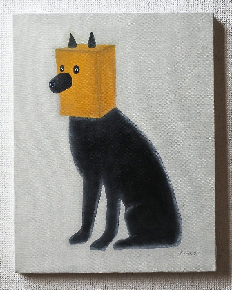 【IROSOCA】 Black dog wearing paper bag Canvas painting F6 size original picture - โปสเตอร์ - วัสดุอื่นๆ สีดำ