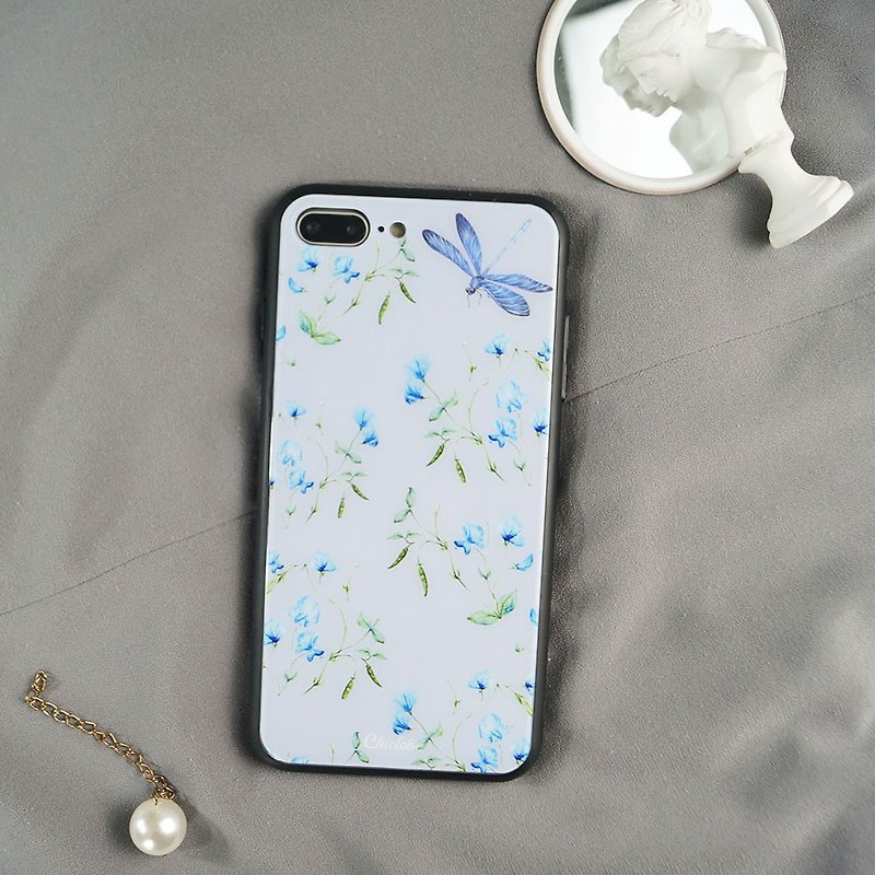 Painted tempered glass shell [Lentil 蜻蜓 picture] - เคส/ซองมือถือ - แก้ว สีน้ำเงิน