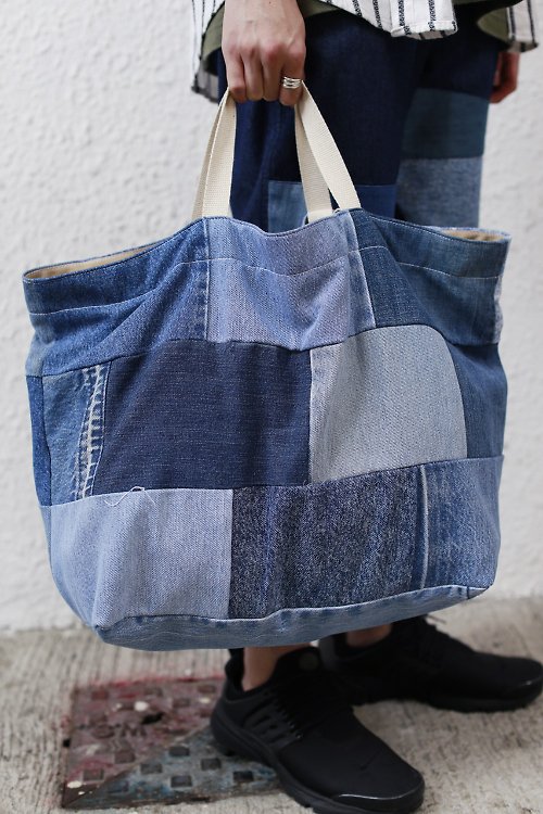 Denim Tote Bag for Women - Triangular Patchwork