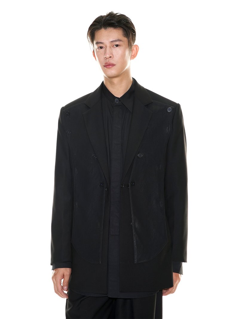 皮料拼接可拆卸西裝男女秋冬黑色中式西服外套 - 男夾克/外套 - 其他材質 黑色