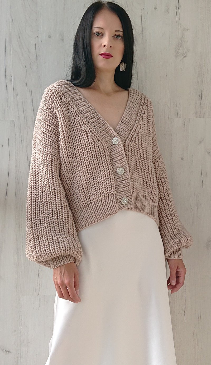 Puff sleeve sweater Loose knit cardigan Long sleeve sweater coat Cropped jacket - 女毛衣/針織衫 - 羊毛 