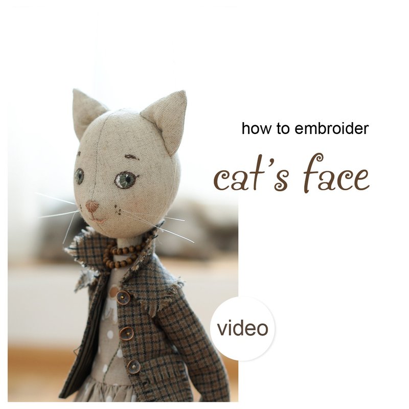 How to embroider doll cat's face - video tutorial & face pattern, digital file - 手工藝教學/工具書 - 其他材質 