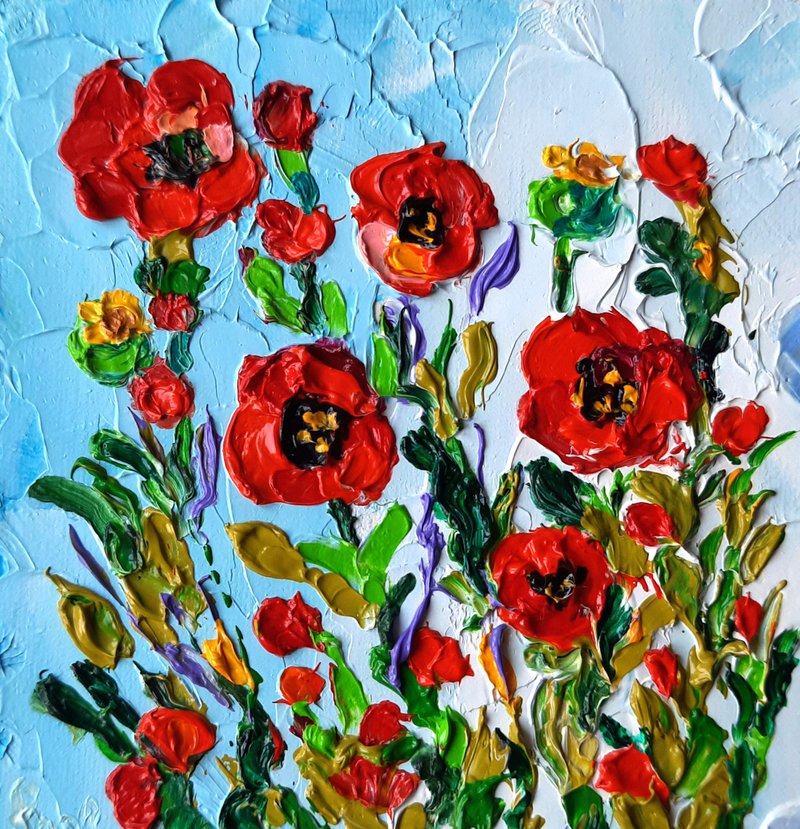 Poppy Painting Floral Original Art Texas Painting Impasto Oil 3 *3in byOlgaShe - Posters - Other Materials Red