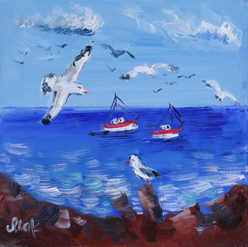 Gull Oil Painting Puerto Rico Original Art Seagull Fly Bird Artwork Seascape Art - Posters - Other Materials Blue