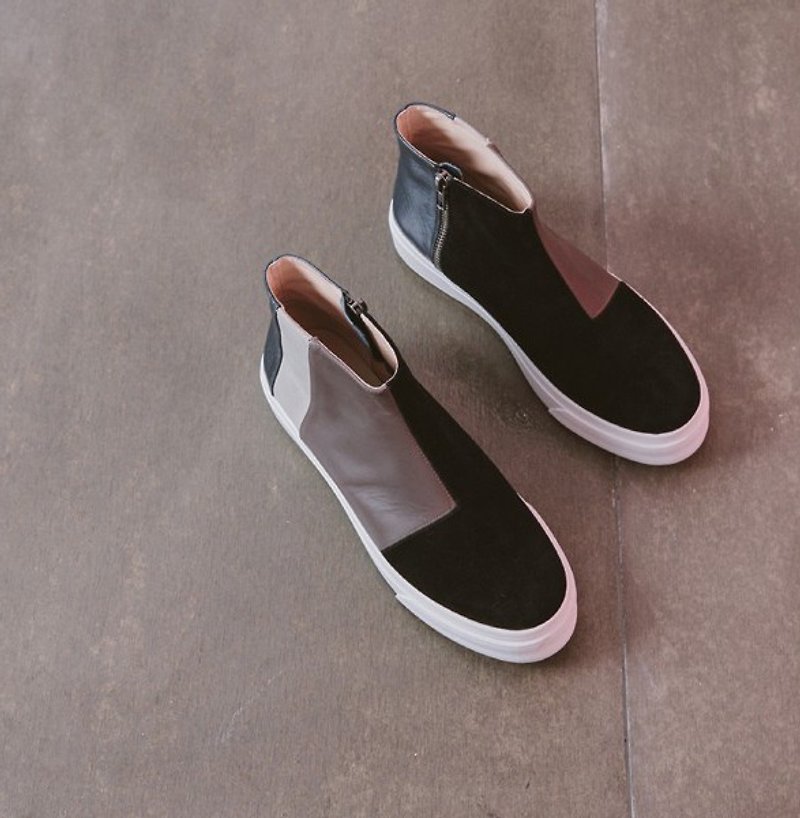 Retro contrast color stitching platform high leather casual shoes black gray blue - รองเท้าลำลองผู้หญิง - หนังแท้ สีดำ