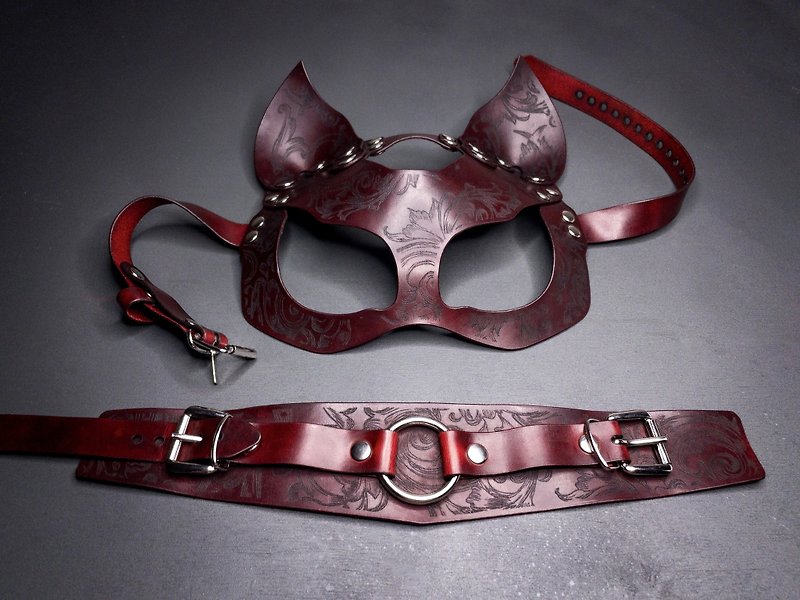 Leather Fetish Collar Cat Face Mask / Cosplay Masquerade BDSM Choker - หน้ากาก - หนังแท้ สีแดง