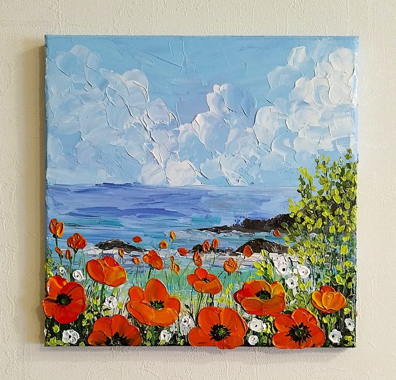 California Poppies Painting Landscape Textured Art Wall Decoration - 壁貼/牆壁裝飾 - 壓克力 多色