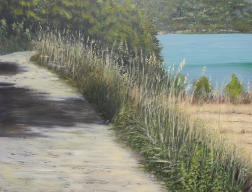 湖の絵画風景オリジナルアート山と森と水の風景アートワーク