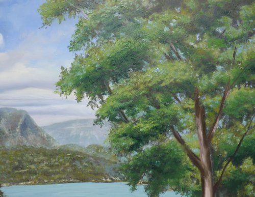 湖の絵画風景オリジナルアート山と森と水の風景アートワーク