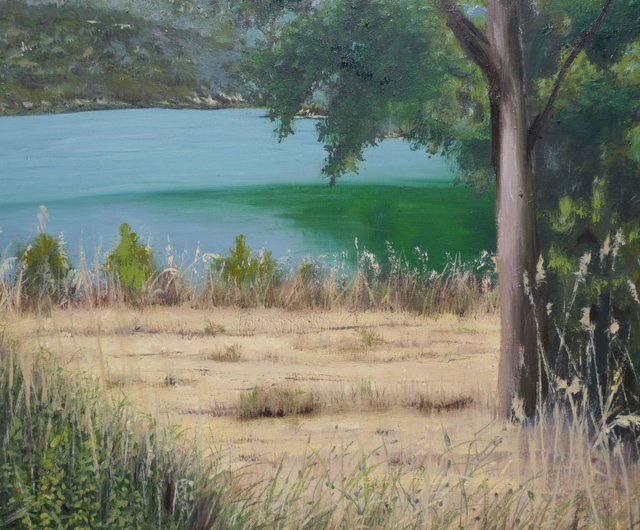 湖の絵画風景オリジナルアート山と森と水の風景アートワーク