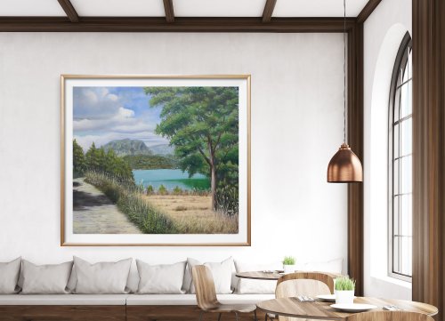湖の絵画風景オリジナルアート山と森と水の風景アートワーク