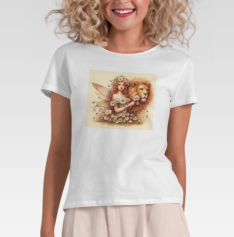 Fairy and lion flower tarot strength drawing tee vintage - Women's T-Shirts - Cotton & Hemp White