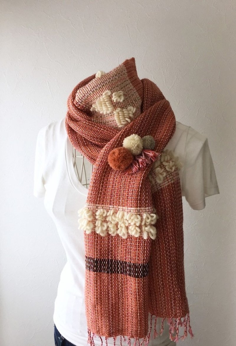 [Wool & Cotton: Fall-Winter Spring] hand-woven scarf "Pink & Orange" with stall pin - Scarves - Cotton & Hemp Orange