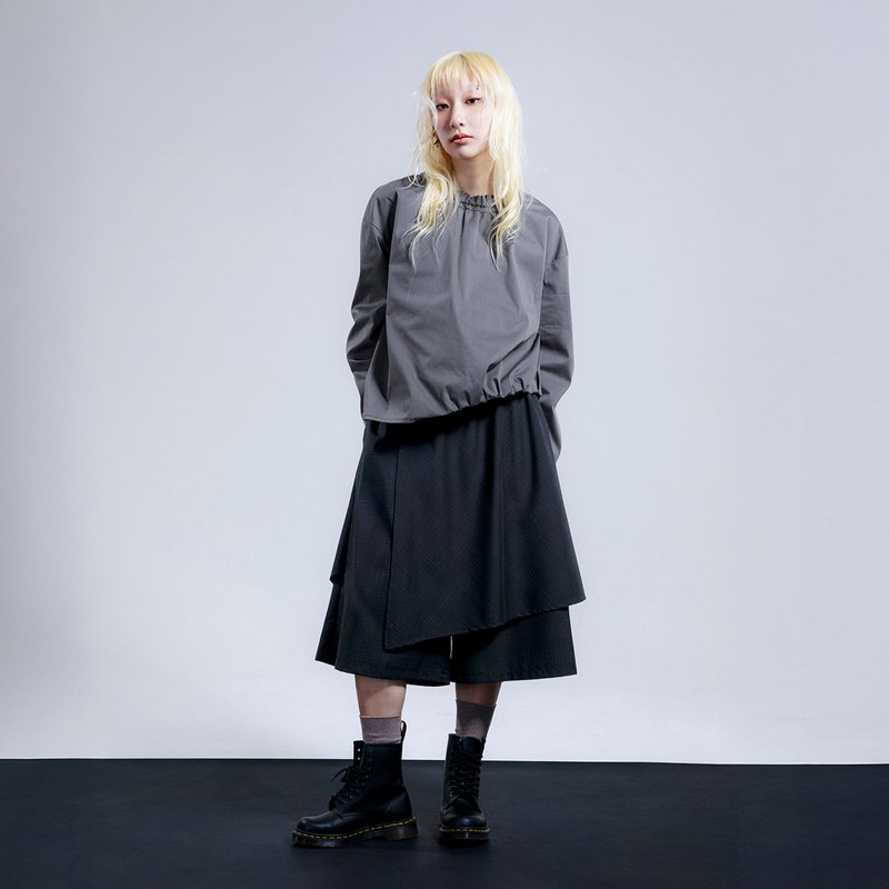 不對稱格紋疊片寬褲 - 女長褲 - 其他人造纖維 黑色