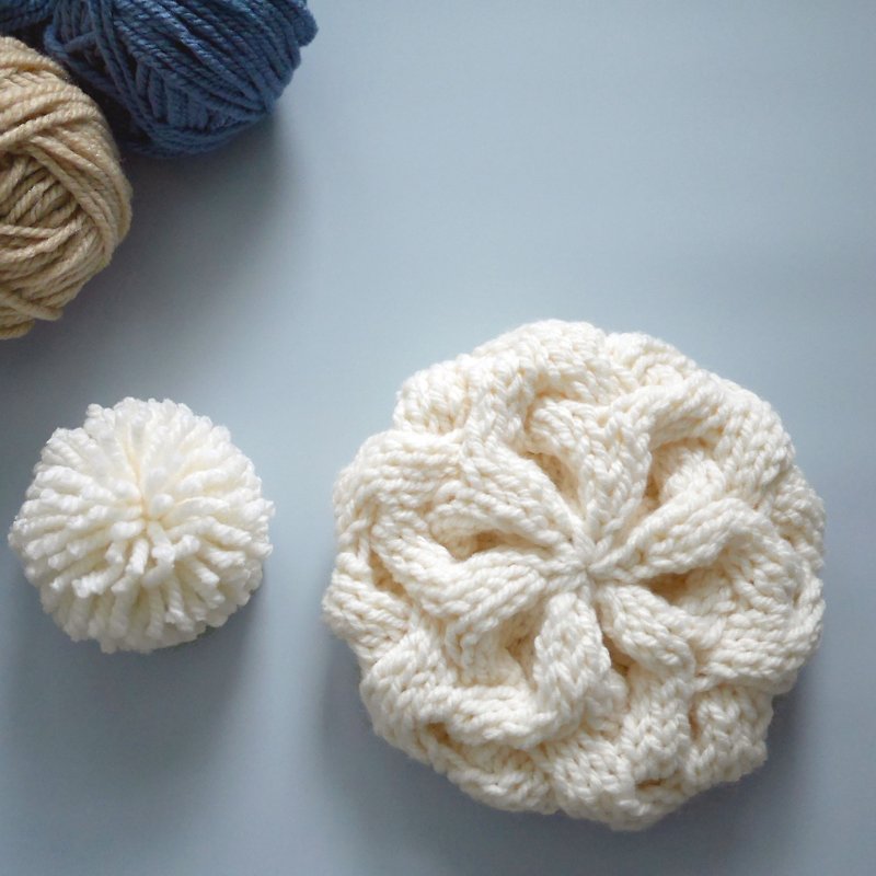 粗針麻花可拆毛球針織毛線貝蕾帽-米白 - 帽子 - 羊毛 白色