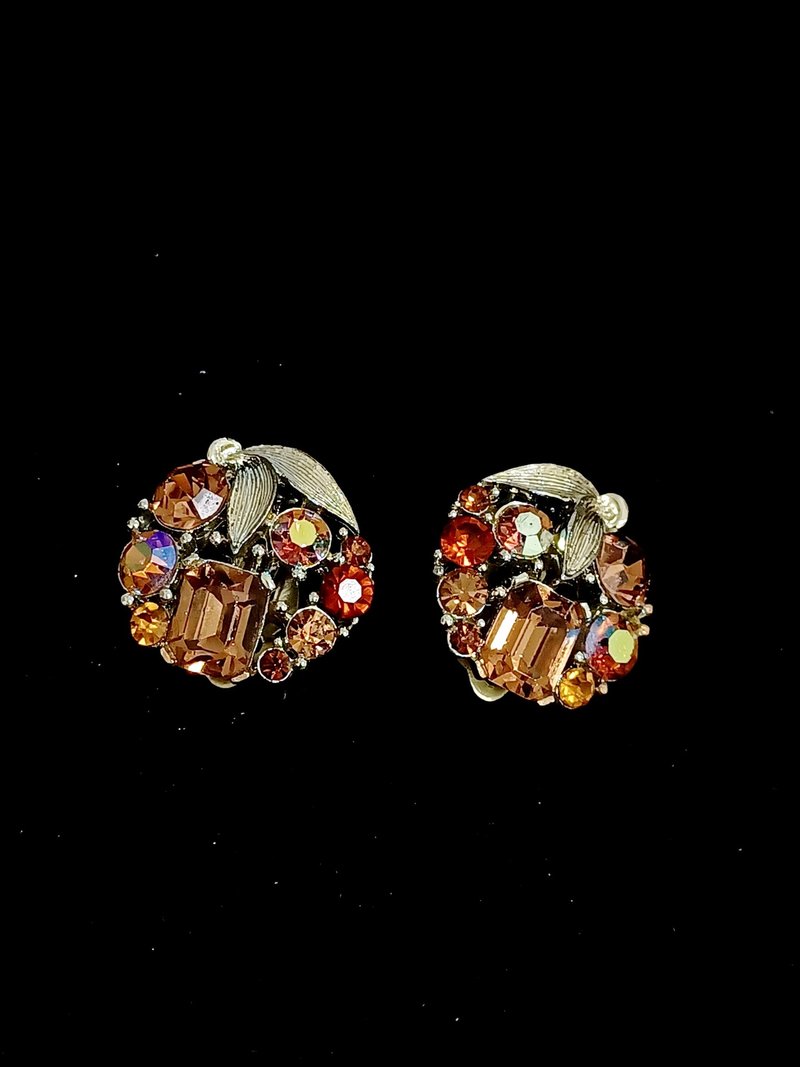 vintage jewelry  LISNER 棕色極光萊茵圓形花卉 夾式耳環 - 耳環/耳夾/耳骨夾 - 其他金屬 