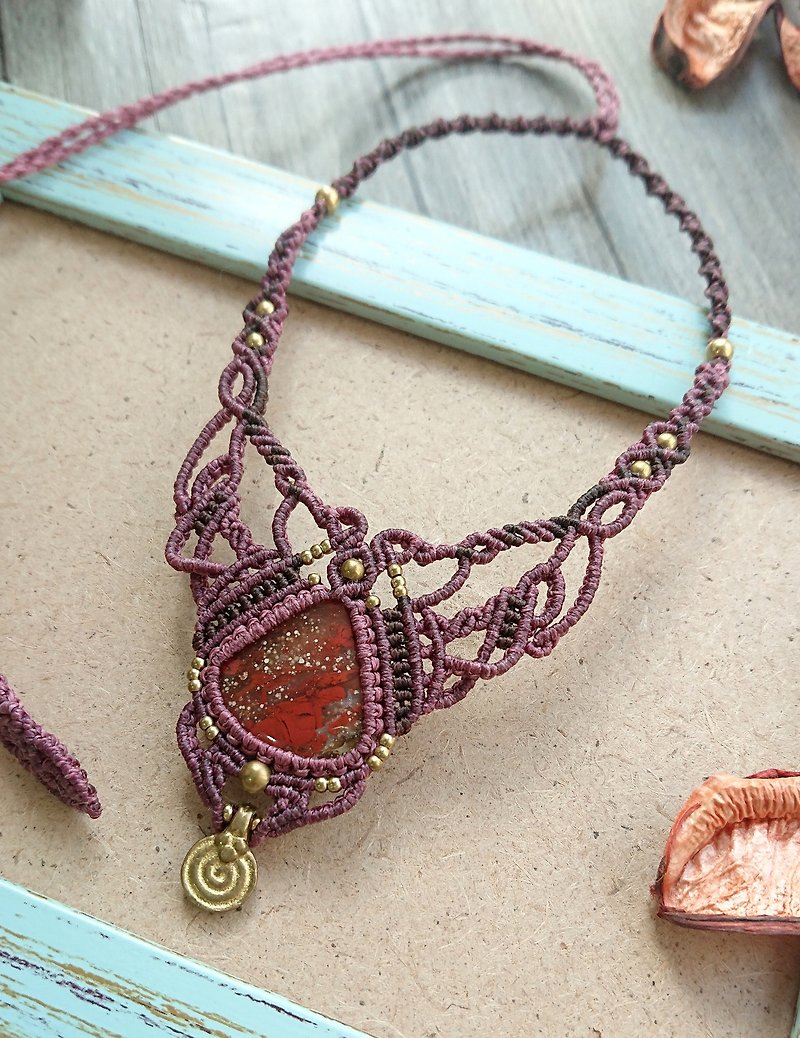 Misssheep N67-Natural Red Jasper Macrame Necklace, Bohemian jewelry, - สร้อยคอ - วัสดุอื่นๆ สีนำ้ตาล