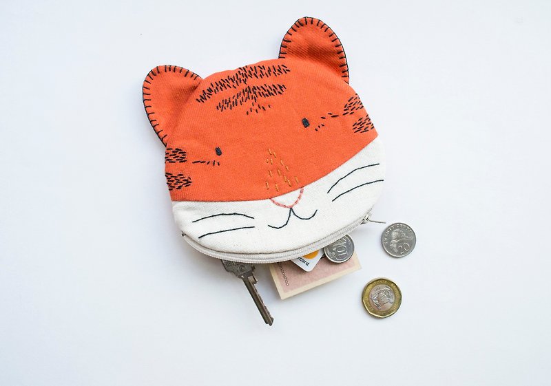 Tiger small zip pouch case - กระเป๋าสตางค์ - ผ้าฝ้าย/ผ้าลินิน สีส้ม