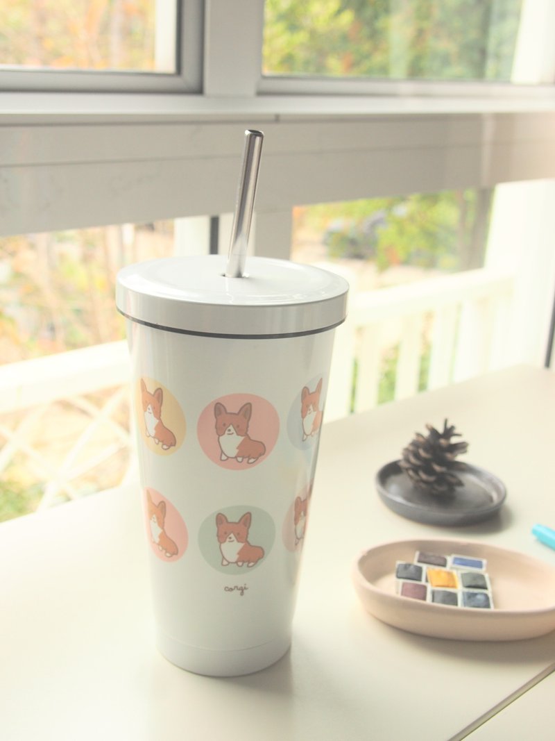 Corgi double-wall stainless steel tumbler with straw - Cups - Stainless Steel White