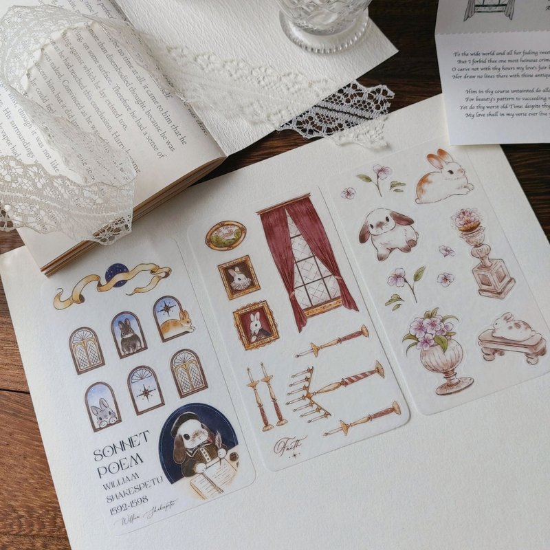 Renaissance Bunny and Paper Stickers 3pcs - สติกเกอร์ - กระดาษ 