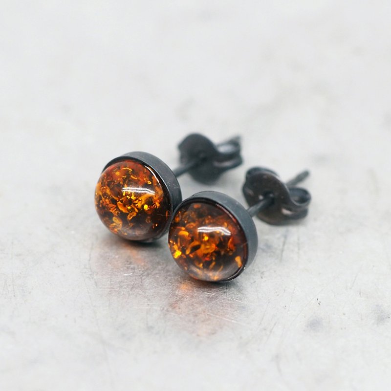 Golden Amber Black Earrings, Oxidized Sterling Silver, 6mm Round, Gemstone - Earrings & Clip-ons - Other Metals Gold