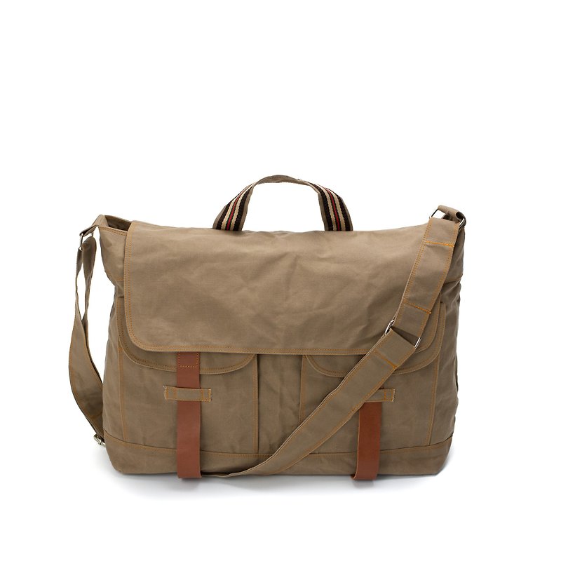 Khaki Waxed Canvas Messengers bag , Leather Canvas Messenger Bag-no.104 MACKENZE - กระเป๋าแมสเซนเจอร์ - วัสดุกันนำ้ สีกากี