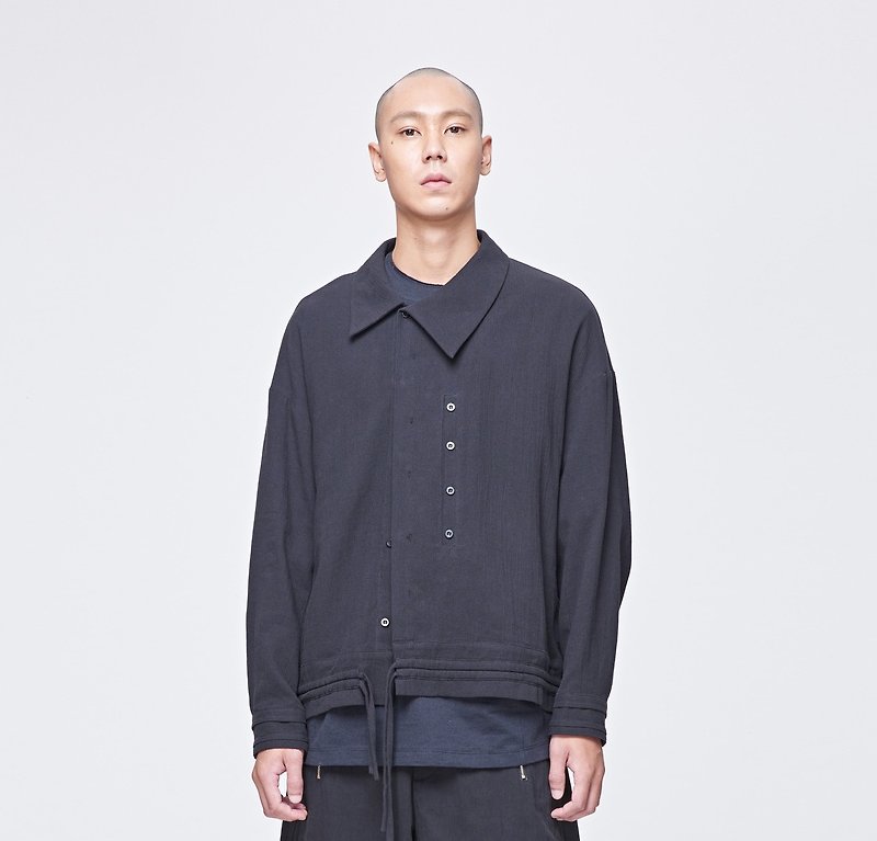 Asymmetric lapel coat - เสื้อโค้ทผู้ชาย - ผ้าฝ้าย/ผ้าลินิน สีดำ