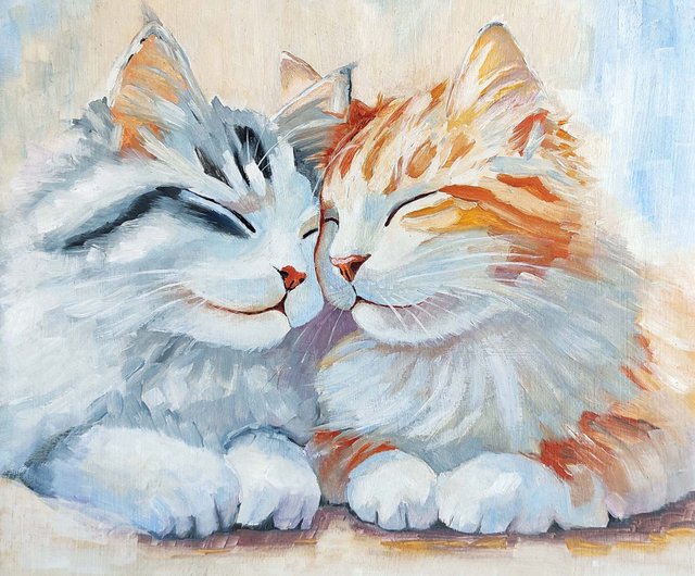 猫の油絵、カップル子猫のオリジナル アート、ロマンチックなペットの肖像画、手工油スケッチ、油絵原作 - ショップ ColoredCatsArt  ポスター・絵 - Pinkoi