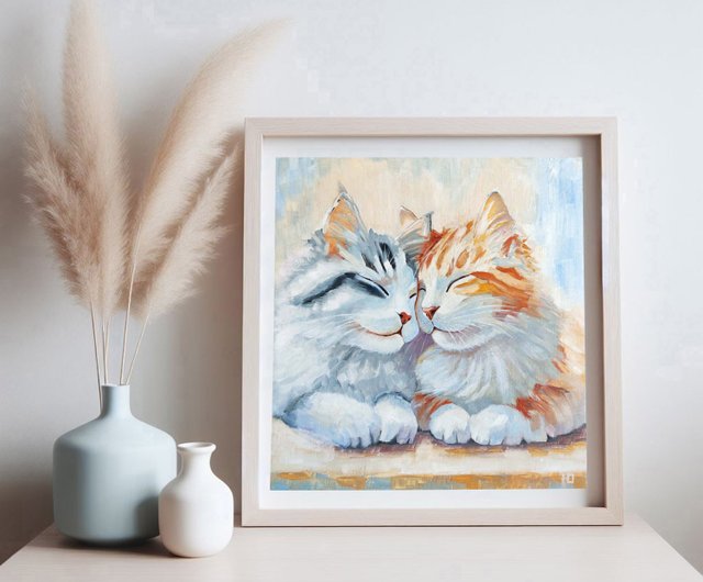 猫の油絵、カップル子猫のオリジナル アート、ロマンチックな