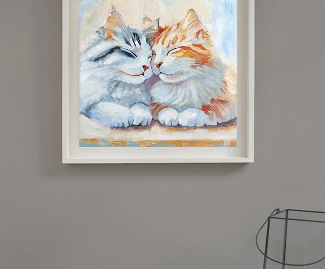 猫の油絵、カップル子猫のオリジナル アート、ロマンチックなペットの肖像画、手工油スケッチ、油絵原作 - ショップ ColoredCatsArt  ポスター・絵 - Pinkoi