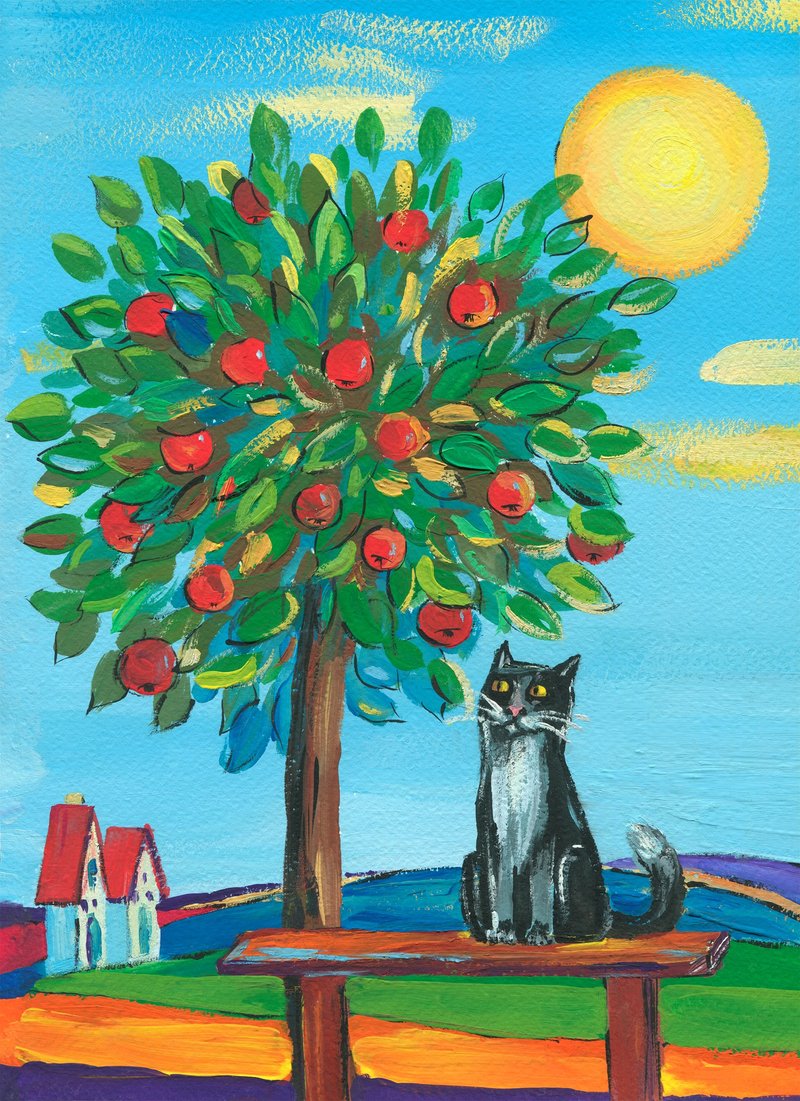 Black Cat Original gouache Painting Landscape Lovely Day Planets Art 24x30cm - Wall Décor - Paper Blue