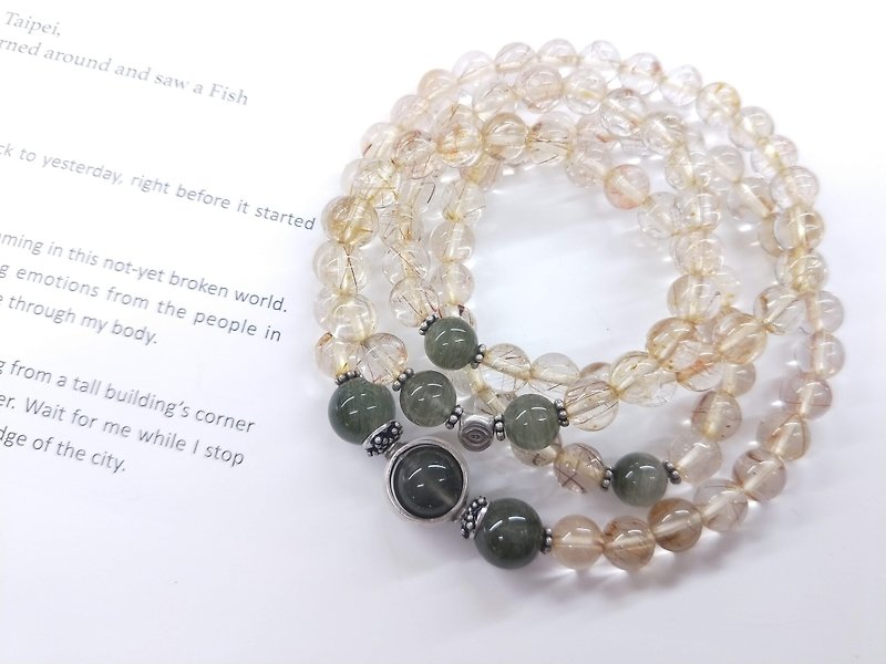 [The only product] yellow hair crystal * green hair crystal pure silver beads multi-ring bracelet - Bracelets - Crystal Yellow