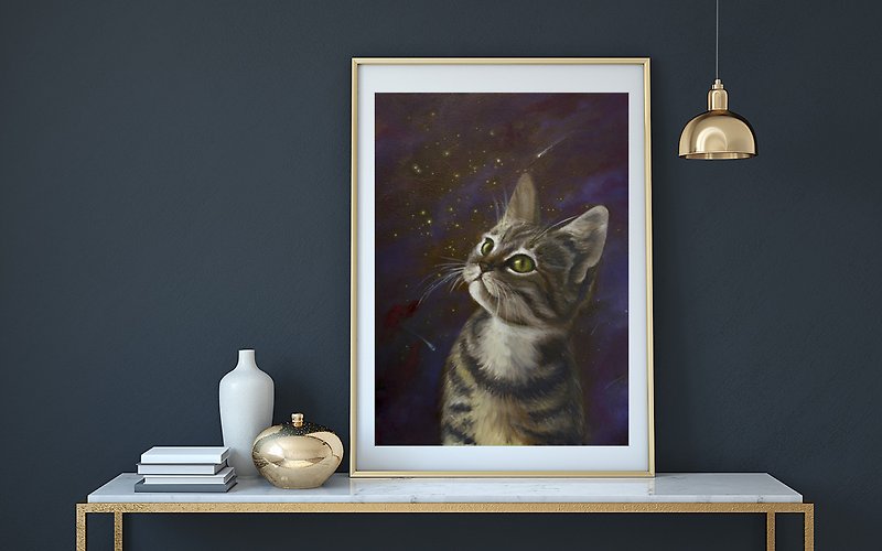 Original Oil Cat Painting On Panel Cosmic Cat Nursery Decor Wall Hanging Art - Wall Décor - Wood Multicolor