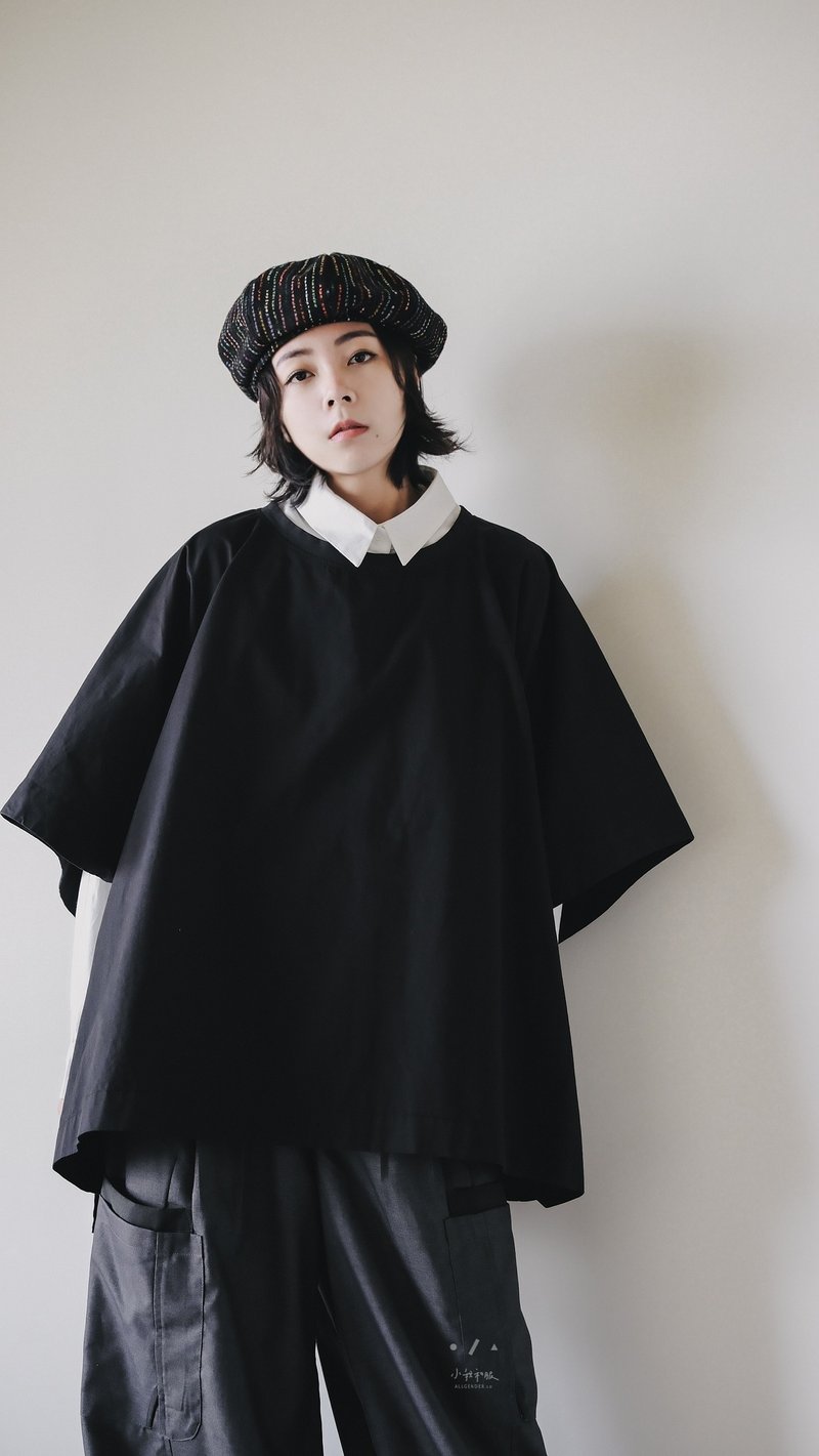 Uninhabited Island side buttoned three-quarter sleeve cape top - 3 colors - black poncho - Women's T-Shirts - Cotton & Hemp Black