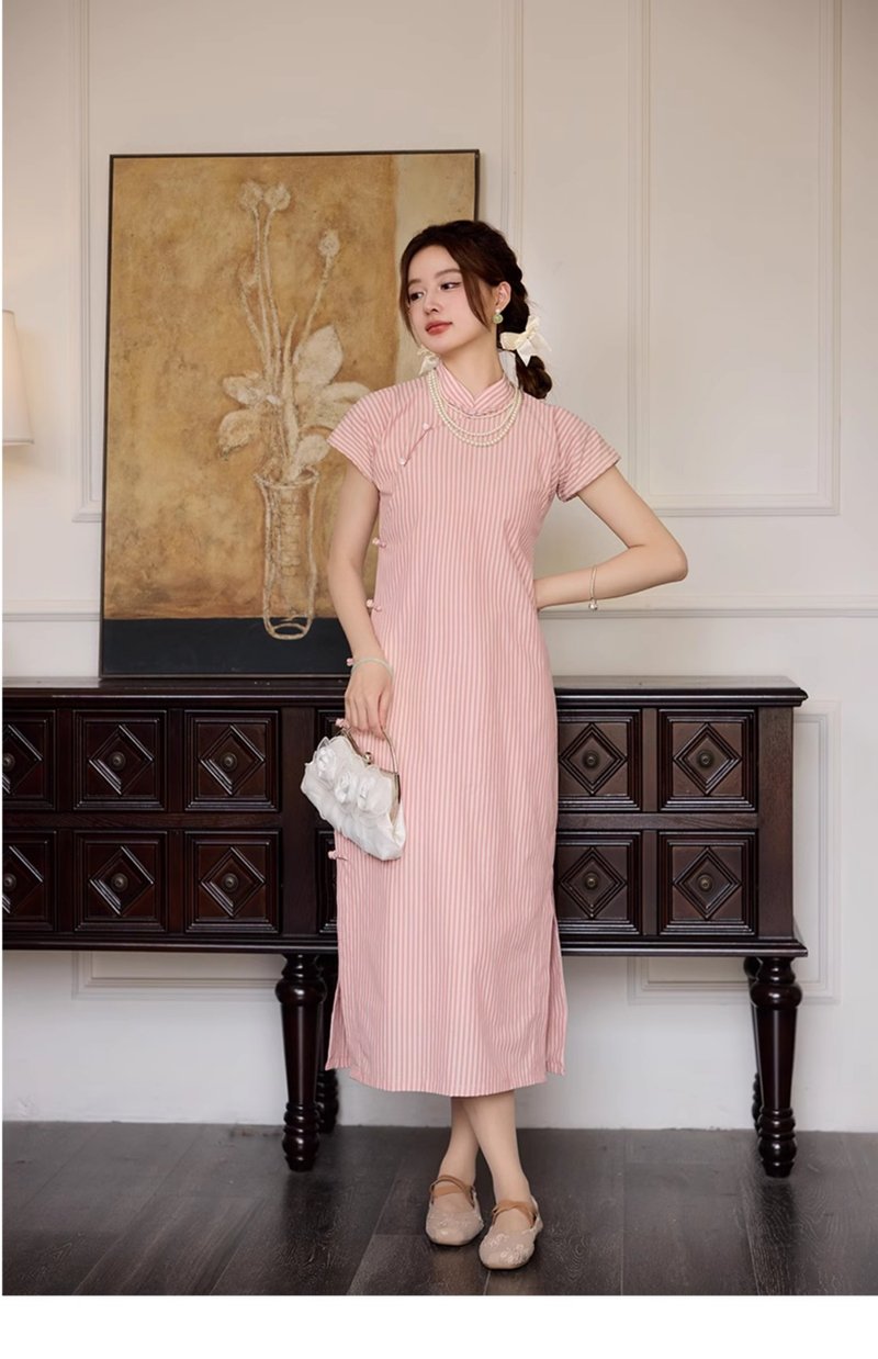 Retro pink vertical stripes ancient style girl cotton cheongsam new Chinese style Spring Festival improved dress dress - กี่เพ้า - ผ้าฝ้าย/ผ้าลินิน สึชมพู