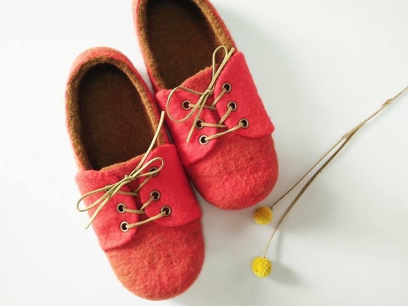 miniyue 羊毛氈大人鞋 橘紅 鞋舌綁帶 台灣製造 限量手工 - 女休閒鞋/帆布鞋 - 羊毛 橘色