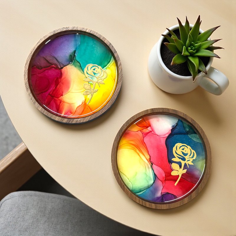 酒精墨水藝術胡桃木杯墊套裝 (E) - 杯墊 - 其他材質 多色