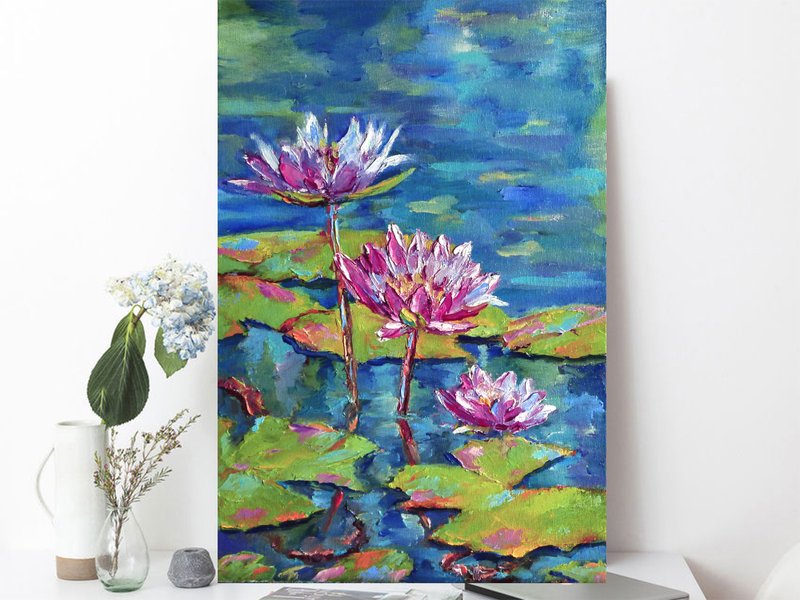 用荷花绘画 - Pink water lily painting on canvas - Original art - Lotus artwork - 海報/掛畫/掛布 - 棉．麻 多色