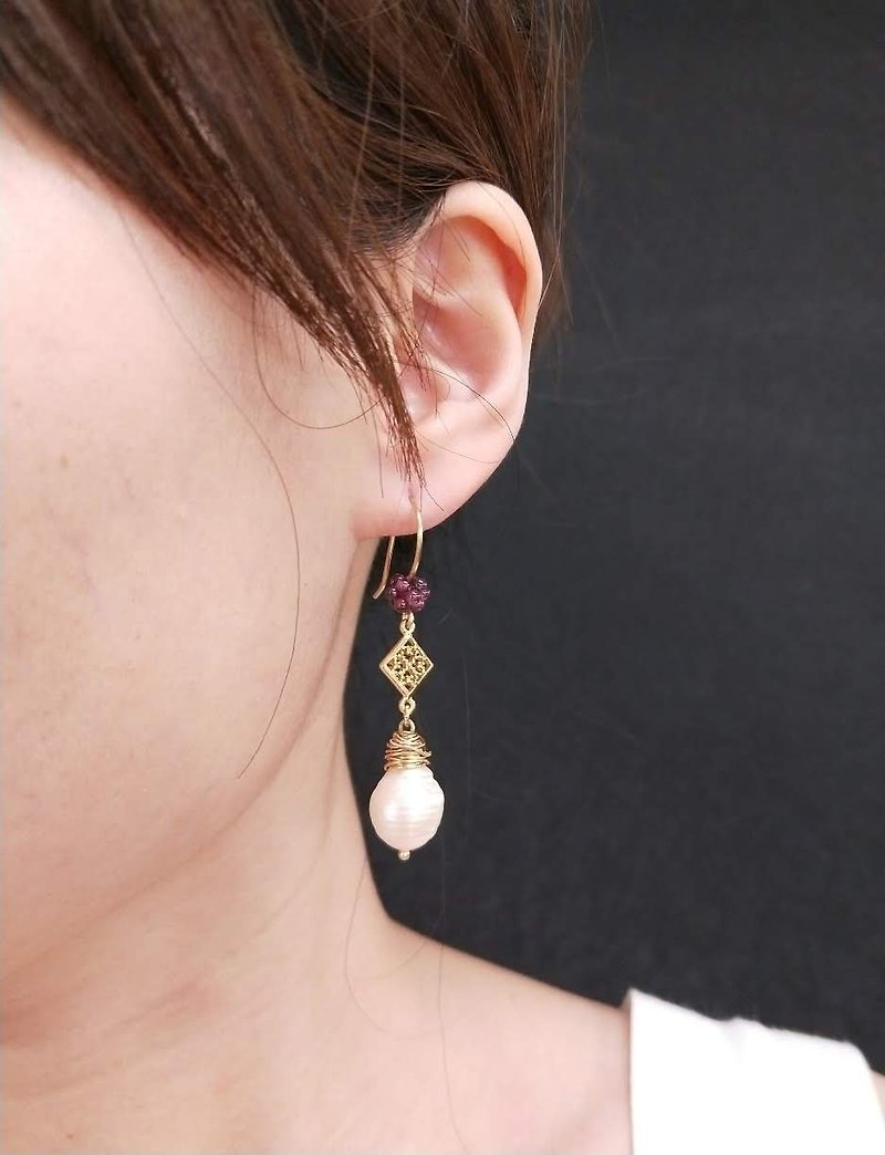 earring. Water Drop Pearl* Red Garnet Ear Hook Earrings - Earrings & Clip-ons - Pearl White