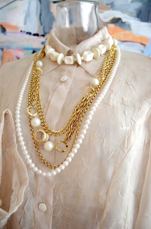 Vintage pearl necklace Long Silver plated chain buckle elegant