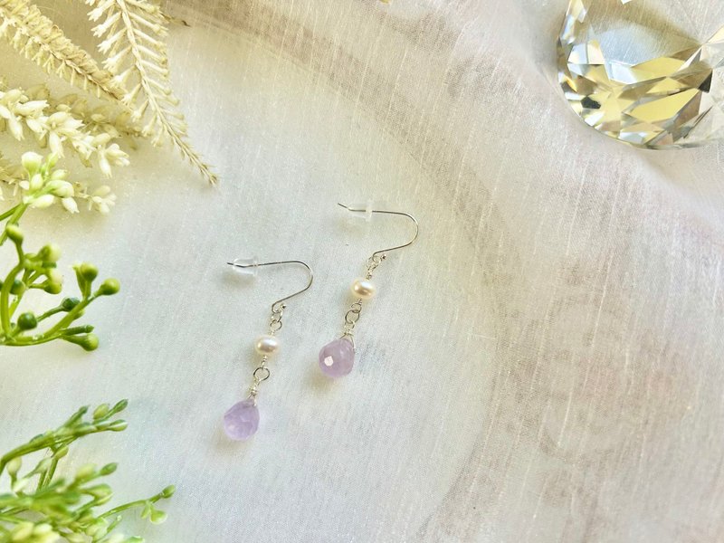 Sterling silver earrings drop-shaped amethyst earrings high-grade natural freshwater pearl earrings amethyst - Earrings & Clip-ons - Sterling Silver Silver