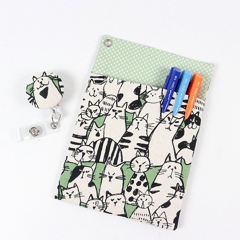 Physician Gown Pocket Leakproof Ink Storage Bag Pen Bag + Document Clip - Line Cat (Green) - Pencil Cases - Cotton & Hemp Green