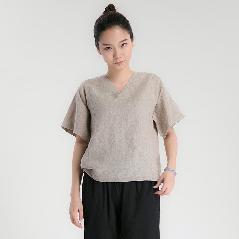 BUFU traditional Chinese style linen tee  SH170206 - เสื้อผู้หญิง - ผ้าฝ้าย/ผ้าลินิน สีกากี