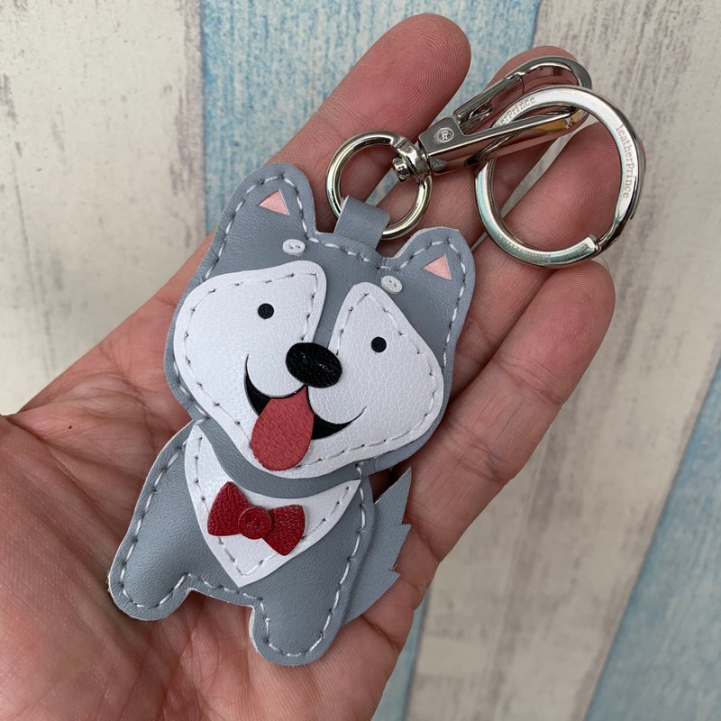 療癒小物 灰/白色 可愛 哈士奇 純手工縫製 皮革 鑰匙扣 小尺寸 - 鑰匙圈/鑰匙包 - 真皮 灰色