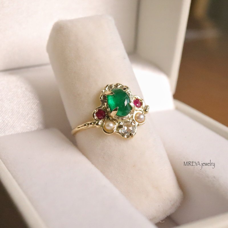 Emerald, rose-cut diamond, ruby ​​and pearl 14k Ottoman Turkish style ring size 13 - แหวนทั่วไป - เครื่องเพชรพลอย สีเขียว