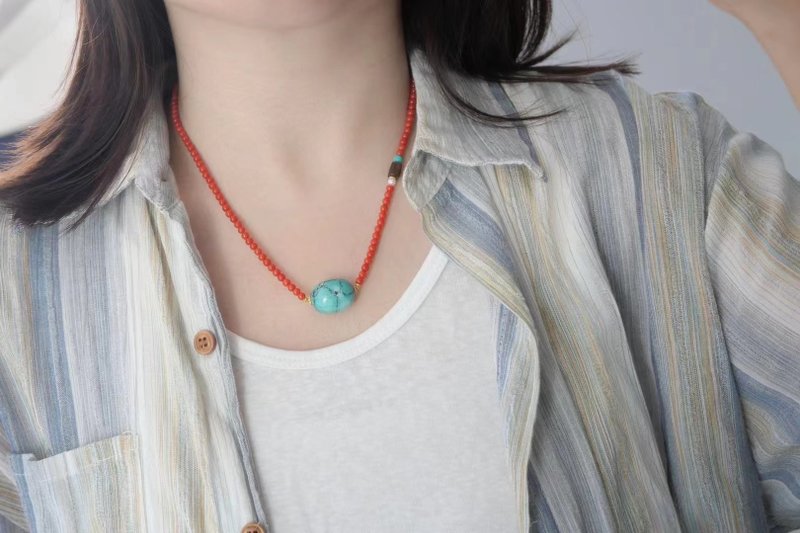 Jewelry grade. Red coral with turquoise A-20240714-019. Life Zero 1/4 - สร้อยคอ - เครื่องเพชรพลอย 