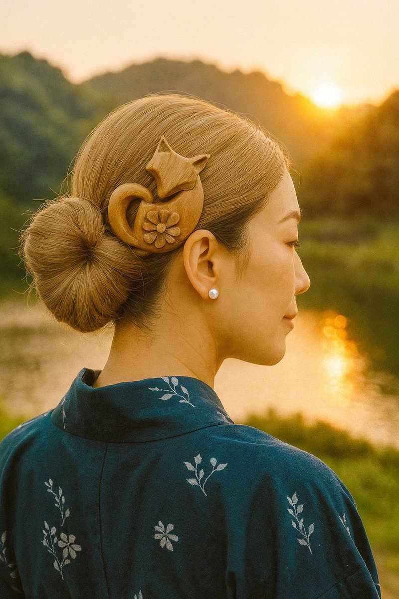 月待菊狐 木制簪子 发簪　Kanzashi Wooden Hairpin - 髮夾/髮圈 - 木頭 咖啡色